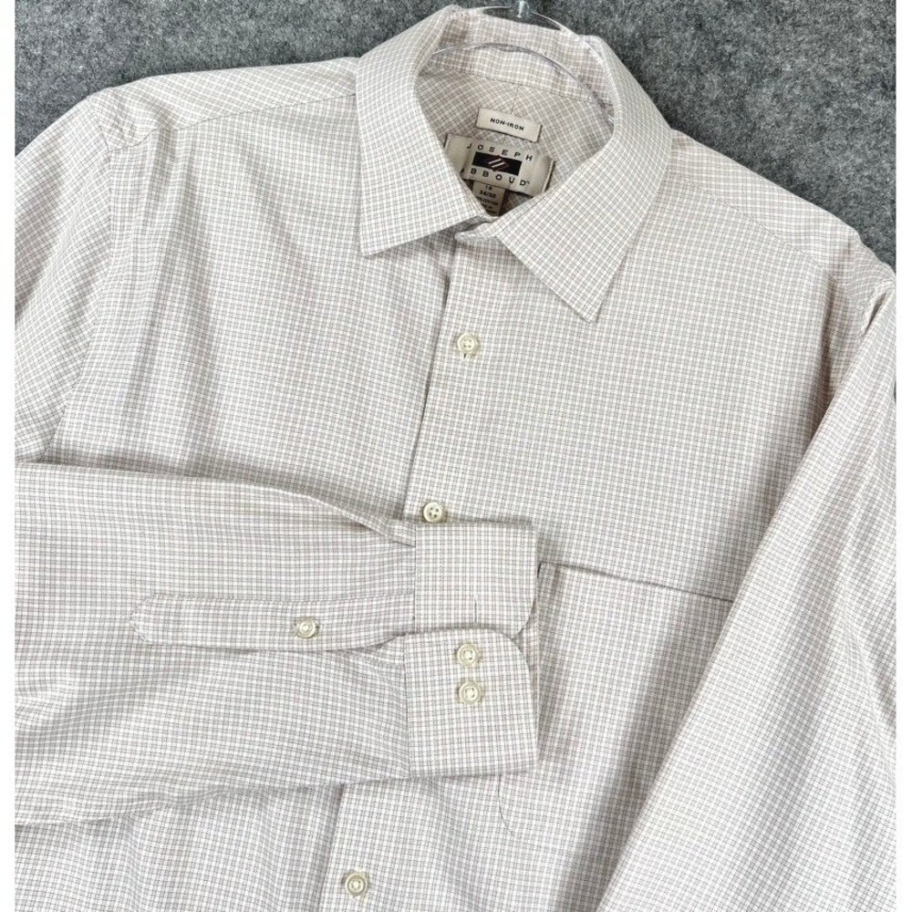 Joseph Abboud Dress Shirt Mens 16 34/35 L Beige White Micro Check Non Iron L/S